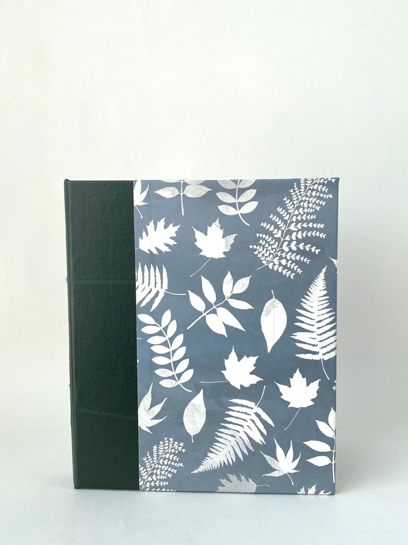 Grey Green and White Handbound Journal, Leaves Starburst Album, Blue Gray Hardcover Sketchbook image 2