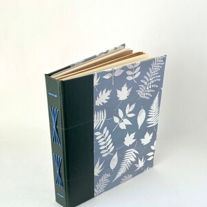 Grey Green and White Handbound Journal, Leaves Starburst Album, Blue Gray Hardcover Sketchbook image 1