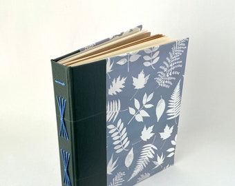 Grey Green and White Handbound Journal, Leaves Starburst Album, Blue Gray Hardcover Sketchbook