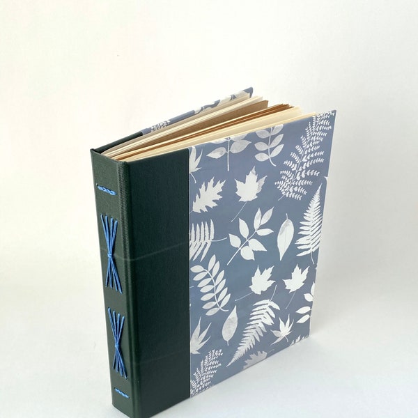 Grey Green and White Handbound Journal, Leaves Starburst Album, Blue Gray Hardcover Sketchbook