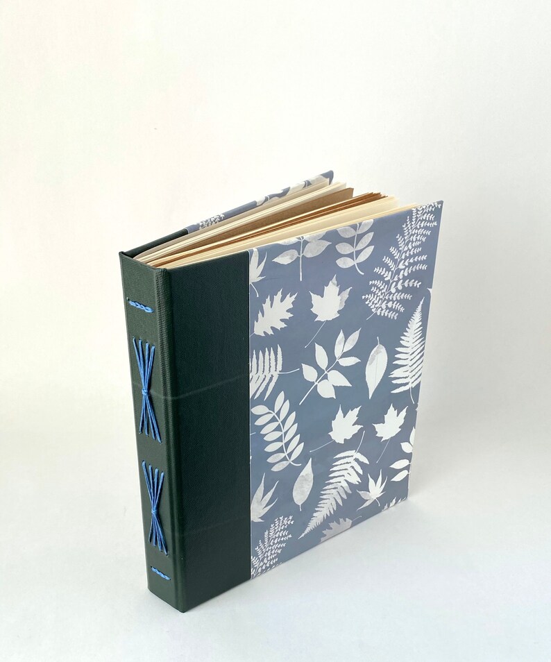 Grey Green and White Handbound Journal, Leaves Starburst Album, Blue Gray Hardcover Sketchbook image 1