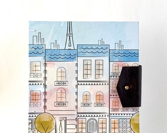 Handbound Paris Journal, Reclaimed Leather Closure, Whimsical City Street Blank Book