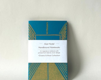 Ocean Blue & Salmon Art Deco Inspired Hand Printed Notebook, Handbound journal