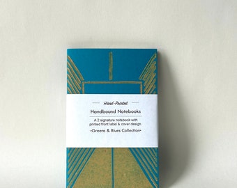 Ocean Blue & Salmon Art Deco Inspired Hand Printed Notebook, Handbound journal