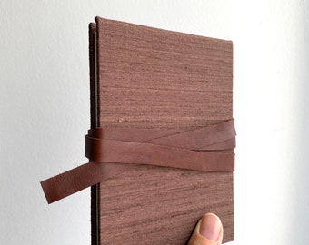 Brown Silk Watercolour Sketchbook, Handbound Sketchbook with Leather Tie, Hard Cover Travel Journal Pocket Size