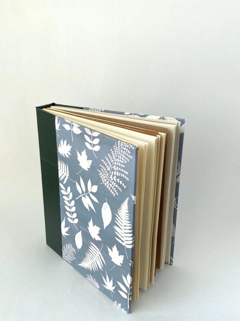 Grey Green and White Handbound Journal, Leaves Starburst Album, Blue Gray Hardcover Sketchbook image 5