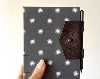 Handmade Coptic Journal, Charcoal and White Stars, Reclaimed Leather Pen Holder