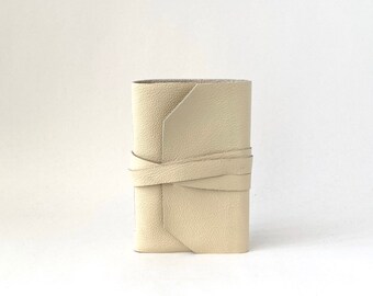 Cream Leather Journal Pocket Size, Hand Bound Leather Wrap Around Journal, Cream White Blank Notebook