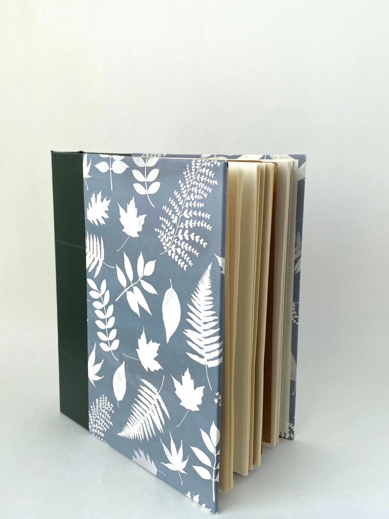 Grey Green and White Handbound Journal, Leaves Starburst Album, Blue Gray Hardcover Sketchbook image 6