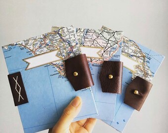 South America Adventure Journal, Blue & White Maps Handbound Travel Diary, Handmade Book with Reclaimed Leather and Brass Button