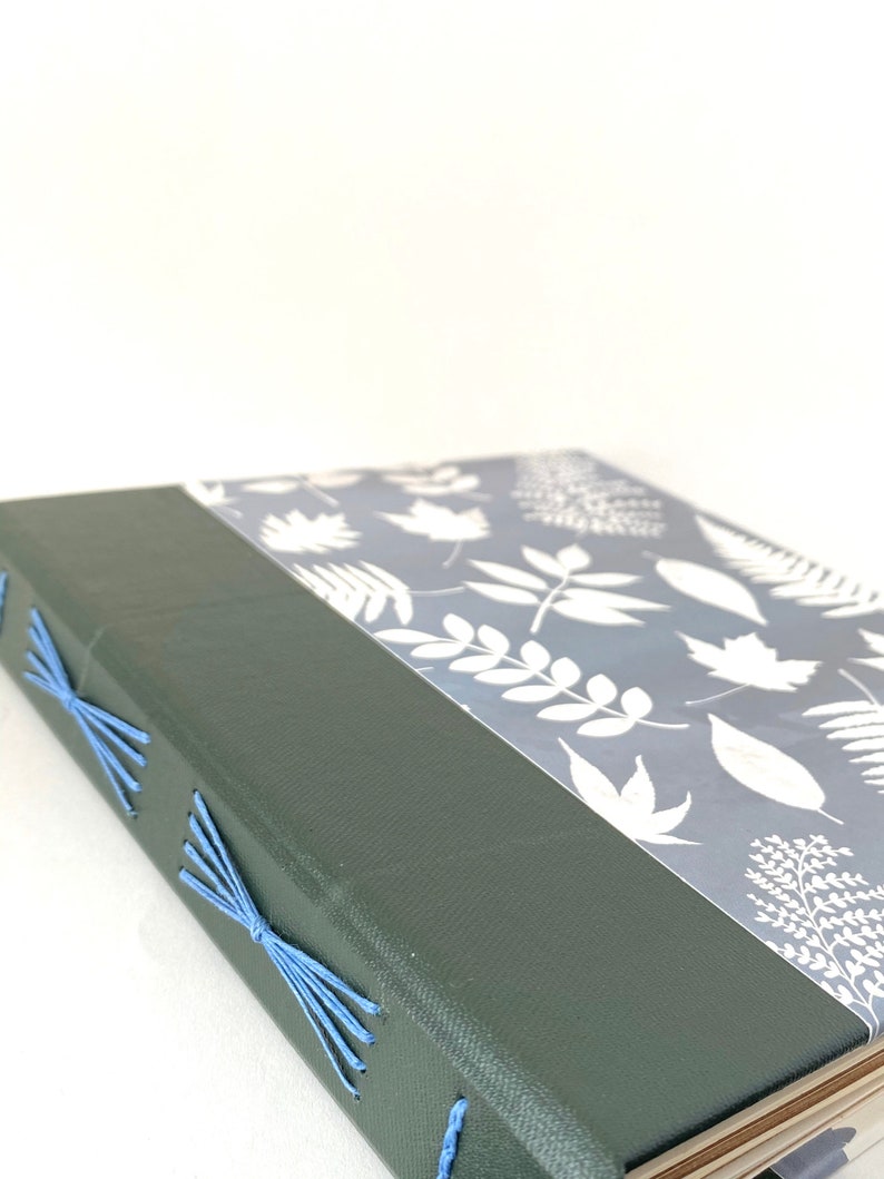 Grey Green and White Handbound Journal, Leaves Starburst Album, Blue Gray Hardcover Sketchbook image 3