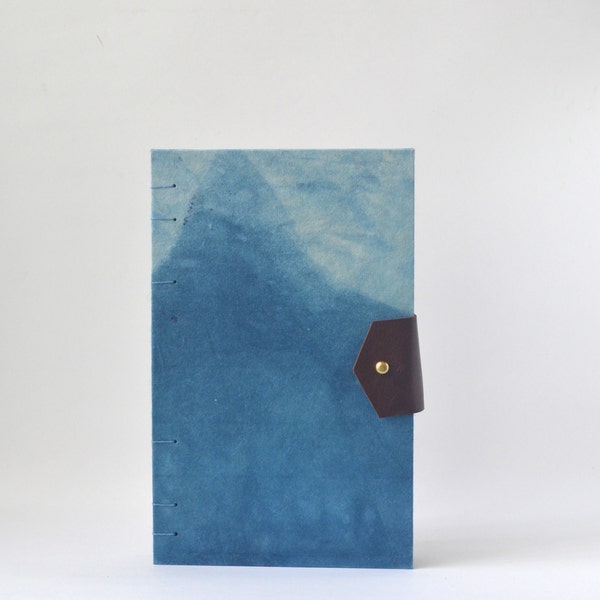 Hand Dyed Indigo Journal with Reclaimed Leather, Blue & White Handbound Sketchbook with Hand Dyed Covers