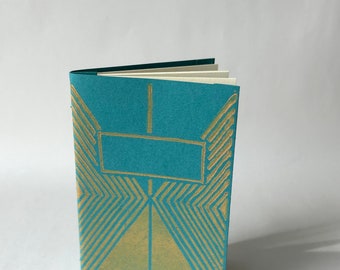 Art Deco Inspired Lake Blue & Salmon Hand Printed Notebook, Handbound journal