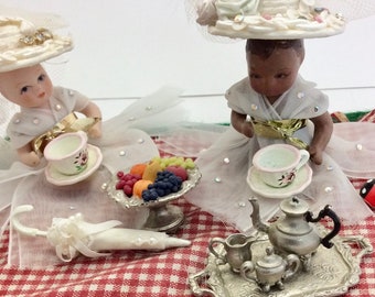 Victorian Tea Party for Two, Girlfriends Sharing Tea, Miniature Vintage handmade Porcelain Dolls The Porcelain Nursery by Sher