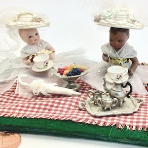 Victorian Tea Party for Two, Girlfriends Sharing Tea, Miniature Vintage handmade Porcelain Dolls The Porcelain Nursery by Sher