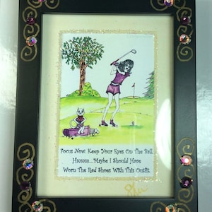 GOLF - Mini Jeweled framed Print , cat, whimsical funny sayings, Lulu, girlfriend gifts, bridesmaid gifts, humorous  illustration by sher