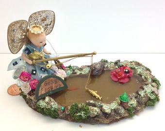 Gone Fishing Angel Baby, Vintage Porcelain Miniature Doll Fishing in the Pond, Porcelain Nursery by Sher