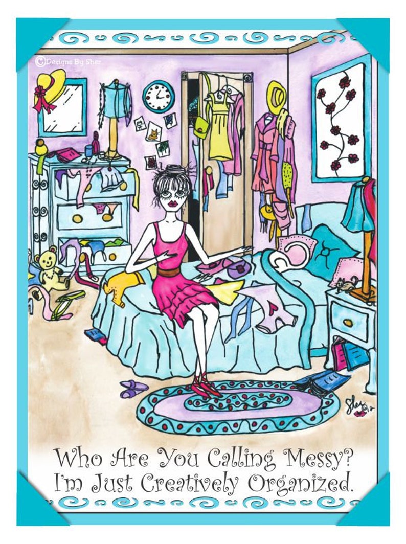 MESSY ROOM Set of 4 Notecards w/humorous illustrations w/funny sayings, girlfriend gifts, invitations image 2