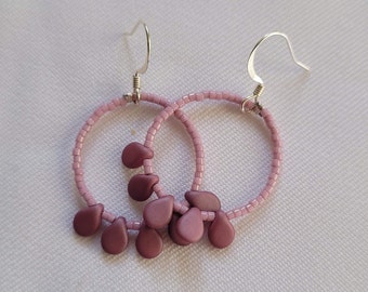 Pale Pink and Mauve Dangle Hoop Earrings