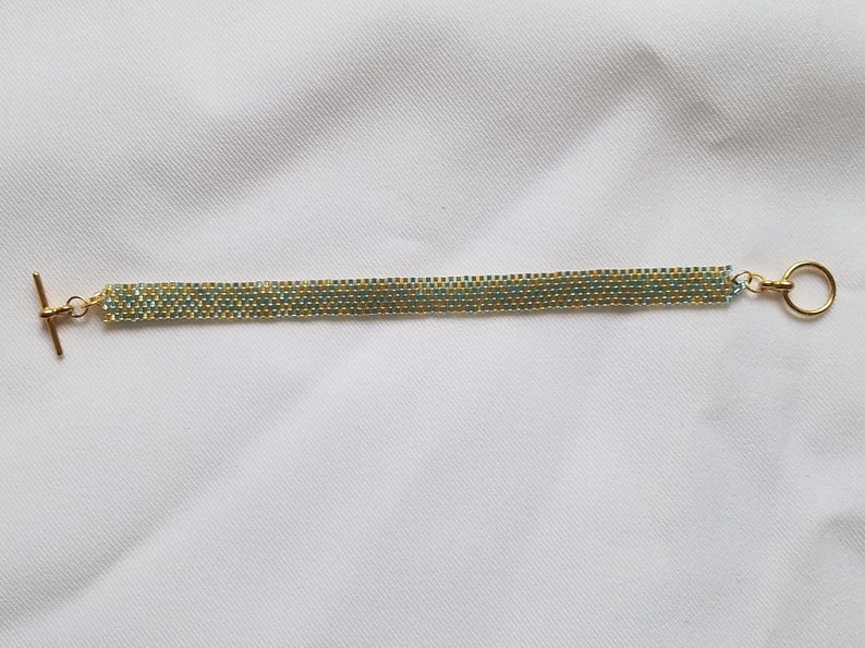 Gold and Light Aqua Peyote Stitch Beadwork Bracelet