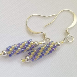 Light Yellow and Blue Violet Woven Delicas Beaded Earrings