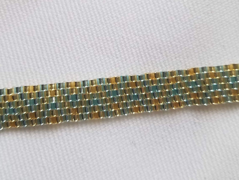 Gold and Light Aqua Peyote Stitch Beadwork Bracelet