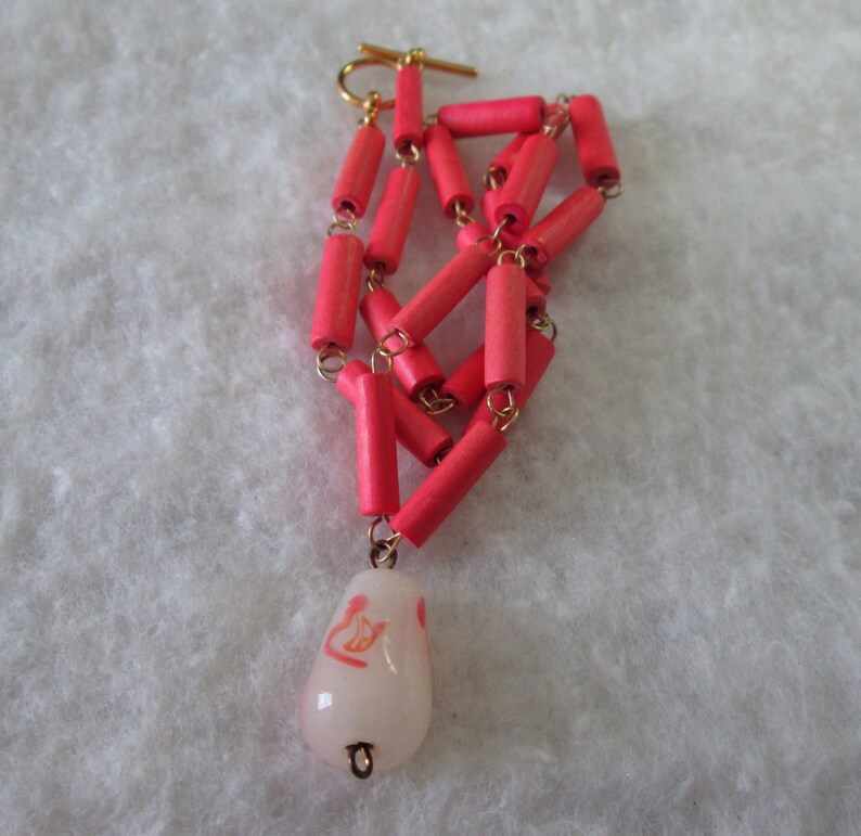 Bright Pink Wood and Glass Necklace