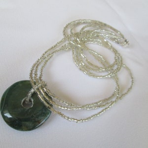 Silver Bugle Bead Multi-strand Necklace with Dark Green Stone Donut