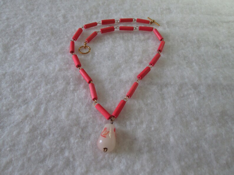 Bright Pink Wood and Glass Necklace