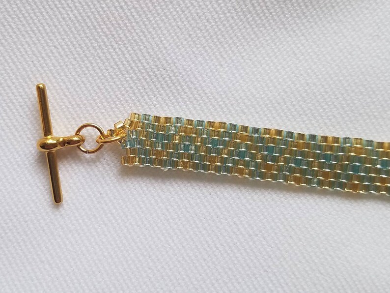 Gold and Light Aqua Peyote Stitch Beadwork Bracelet
