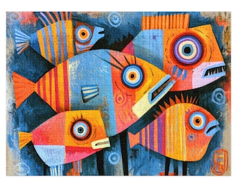 Puzzle astratto di pesci, arte marina colorata, rompicapo, 252 500 1000 2000 pezzi, opera d'arte unica, regalo sfida per lei e per il suo compleanno