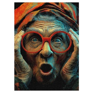 May include: A jigsaw puzzle featuring a digitally painted portrait of an elderly person with a surprised expression. The person wears large red glasses and a colorful head covering. The puzzle pieces are visible.