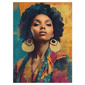 May include: A jigsaw puzzle featuring a portrait of a person with dark, voluminous hair, wearing large, circular, cream-coloured earrings and a vibrant, multi-coloured patterned garment against a textured, abstract yellow and blue background.