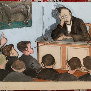May include: A black and white illustration of a classroom scene with a teacher at a desk and students in the audience. The teacher is looking down with a bored expression. The students are looking at the teacher with various expressions. There is a picture of a horse on the wall behind the teacher.