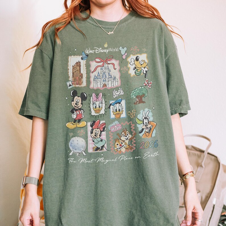 Vintage Mickey Disneyworld Comfort Colors Shirt, Retro Mickey And Friends Shirts, Walt Disneyworld Tee, Disney 2026 Trip Disney Vacation Tee Moss/Military Green