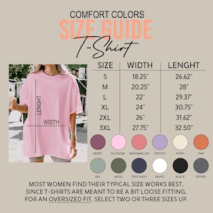May include: A pink t-shirt size guide with measurements in inches. The guide includes sizes S to 3XL, with corresponding width and length measurements. Colour swatches are displayed below the size chart, including berry, blossom, and watermelon.