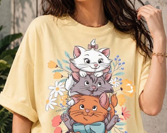 Vintage 70s Aristocats Comfort Colors Shirt, Floral Marie Berlioz Toulouse Tee, Disney Cats T-shirt, Magic Kingdom Trip, Disneyland Outfit