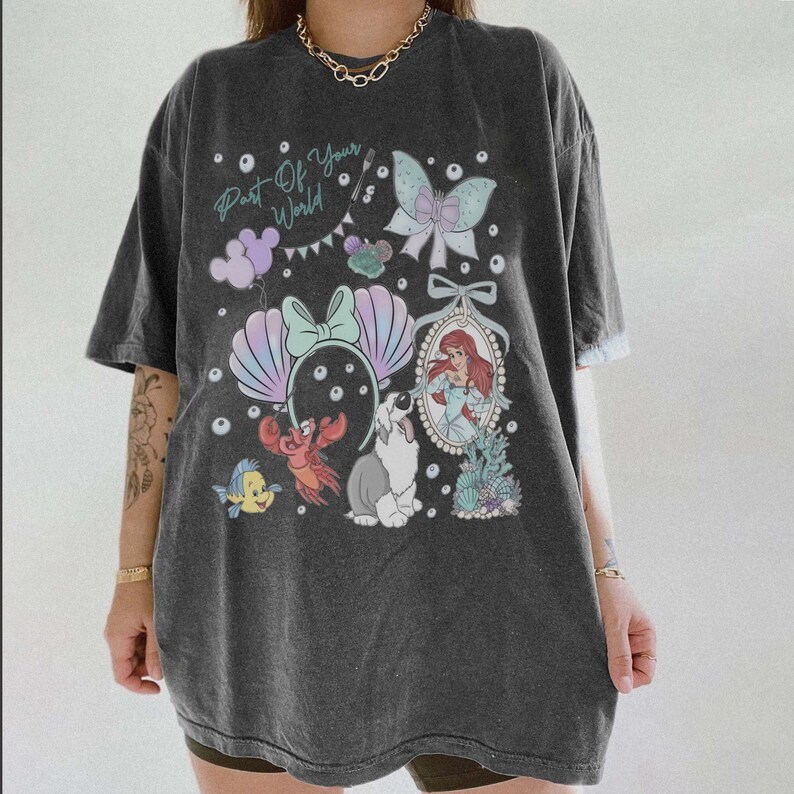 Coquette Bows Disney Ariel Princess Comfort Colors Shirt, The Little Mermaid Movie Tee, Mickey Balloon, Gift For Her, WDW Girl Trip Outfits Pepper/Asphalt