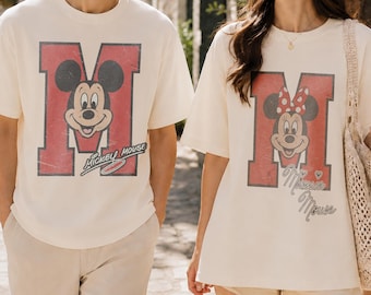 Vintage Mickey Minnie Couple Shirts, Mickey Varsity M -Disney Retro Couple Tee, Distressed Disneyland Shirt,Comfort Colors Matching Outfits