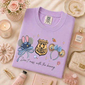 May include: A light purple crew neck t-shirt featuring a graphic print of two pairs of mouse ears, a Zootropolis police badge, a carrot, and a magnifying glass, with the text "Don't mess with the bunny" written in a cursive black font.