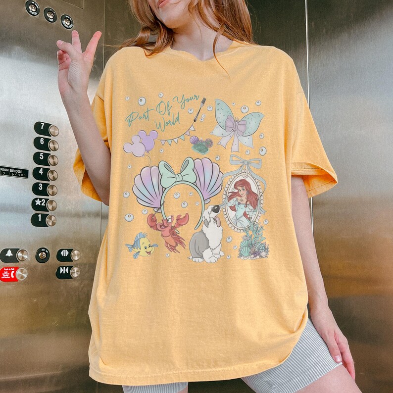Coquette Bows Disney Ariel Princess Comfort Colors Shirt, The Little Mermaid Movie Tee, Mickey Balloon, Gift For Her, WDW Girl Trip Outfits Mustard (Comfort)