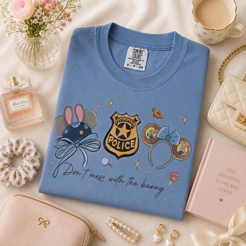 May include: A blue t-shirt featuring a Zootropolis Police badge graphic, two sets of mouse ears, and the text "Don't mess with the bunny." The shirt includes a Comfort Colors brand label at the inner neckline and various small decorative icons.