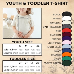 K&ouml;nnte beinhalten: Ein cremefarbenes Kinder-T-Shirt wird gezeigt, mit Gr&ouml;&szlig;en- und Farboptionen. Die Breite des Shirts variiert von 38,7 bis 46,3 cm, und die L&auml;nge von 53 bis 61,9 cm. Auch Kleinkindgr&ouml;&szlig;en sind erh&auml;ltlich, mit Breiten von 30,5 bis 38,1 cm.