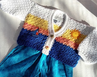 Coucher de soleil sur la baie de San Diego - Pull à col en V 100 % coton crocheté à la main pour bébé et tout-petit - Création originale crème brûlée