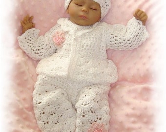 Creme Brulee -3 Piece Pink or White Rosebud Layette - Four Infant Sizes including Preemie and Newborn- With long pant for Chilly Nights