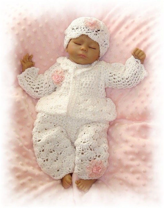 Creme Brulee -3 Piece Pink or White Rosebud Layette - Four Infant Sizes including Preemie and Newborn- With long pant for Chilly Nights