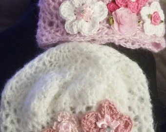 Creme Brulee' Crochet- Luxury Mohair Baby Hat - Embellished with flowers and pearls -choose pink or white, Shabby Chic, Victorian