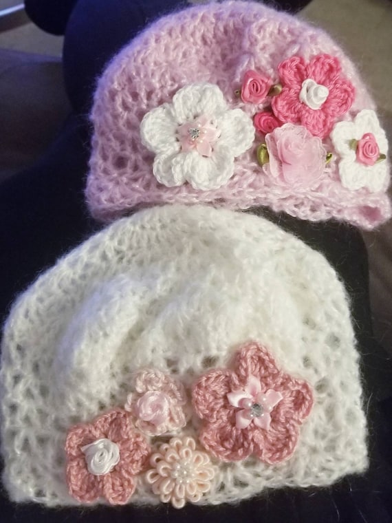 Creme Brulee' Crochet- Luxury Mohair Baby Hat - Embellished with flowers and pearls -choose pink or white, Shabby Chic, Victorian