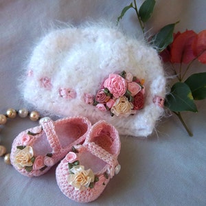 Booties and Hat Creme Brulee Shabby Chic Luxury for Preemie or infant FREE Shipping image 1