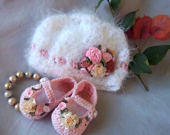 Booties and Hat -Creme Brulee Shabby Chic Luxury for Preemie or infant- FREE Shipping